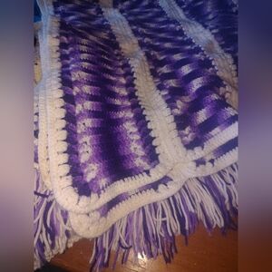Cozy Hand-Crocheted Purple & Cream Fringe Throw Blanket 72x60